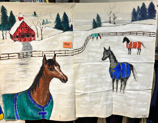 Original Canvas Painting - Horse & Barn in Snow
