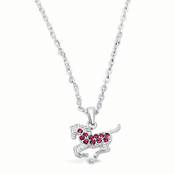 Silver-Plated Galloping Horse Necklace with Rhinestones