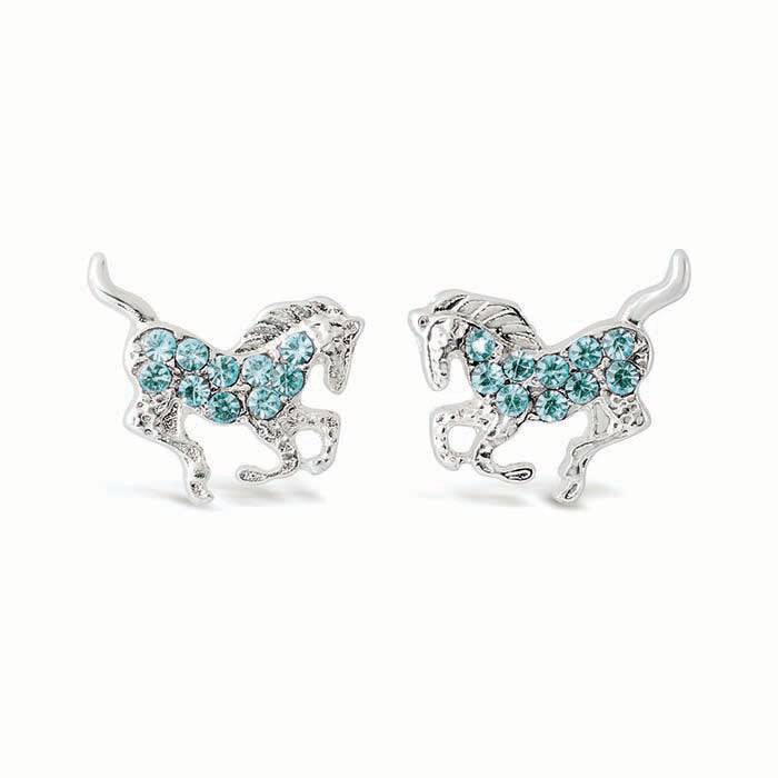 Silver-Plated Galloping Horse Earrings with Rhinestones