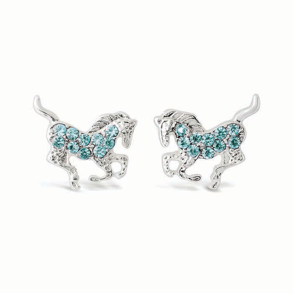 Silver-Plated Galloping Horse Earrings with Rhinestones