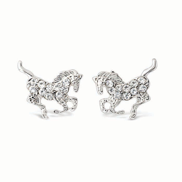 Silver-Plated Galloping Horse Earrings with Rhinestones