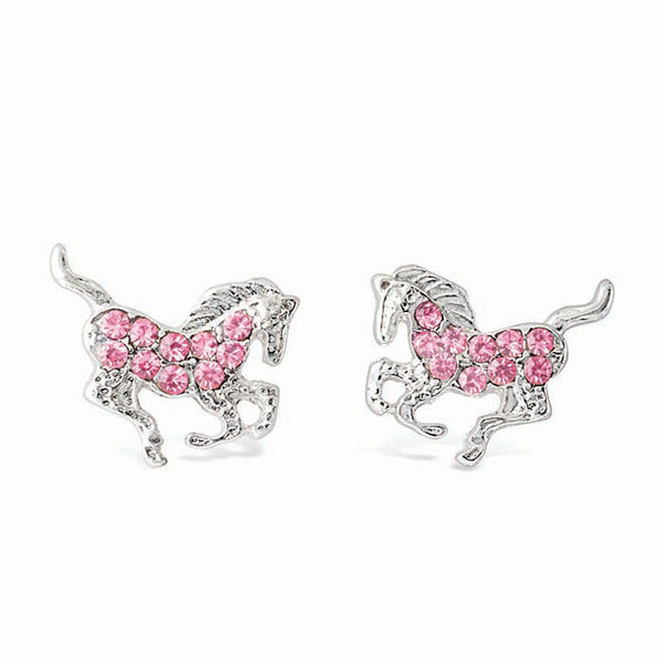 Silver-Plated Galloping Horse Earrings with Rhinestones