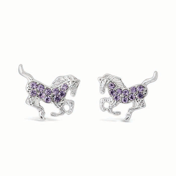 Silver-Plated Galloping Horse Earrings with Rhinestones