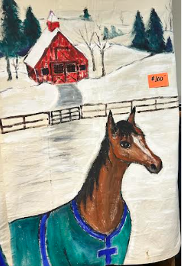 Original Canvas Painting - Horse & Barn in Snow